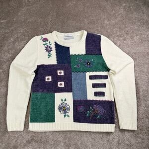 Vtg Alfred Dunner Floral Patchwork Knit Crewneck Sweater Multi-Color Size M